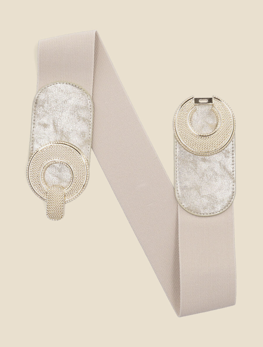 Ceinture élastiquée à double boucles métalliques - Beige - 3