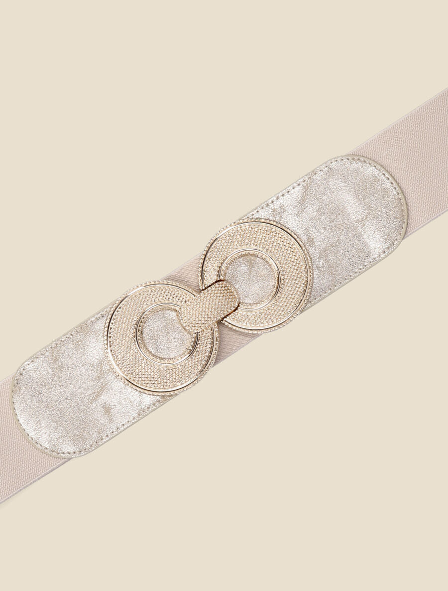 Ceinture élastiquée à double boucles métalliques - Beige - 2