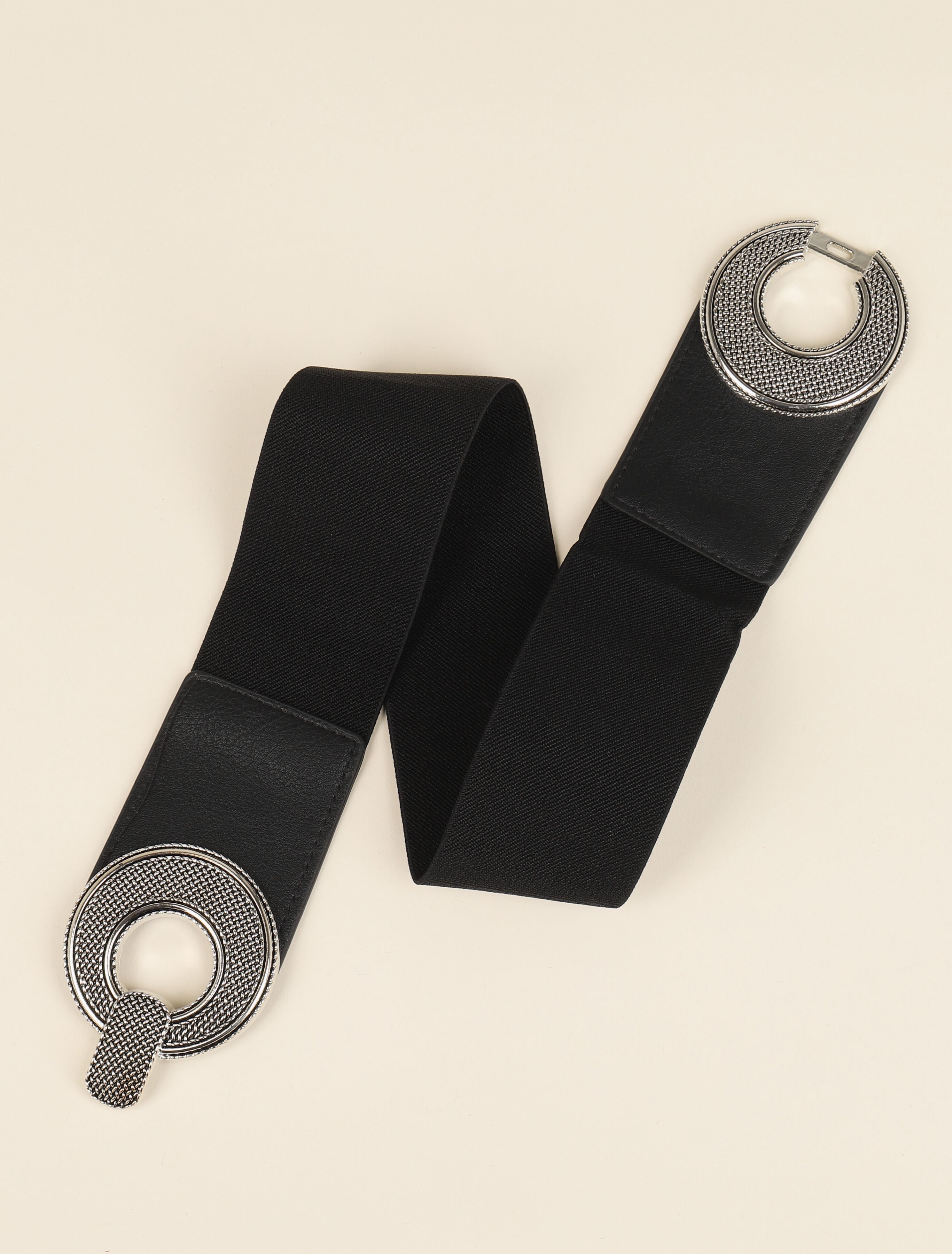 Ceinture à boucles rondes en métal texturé - Noir/argentée - 2