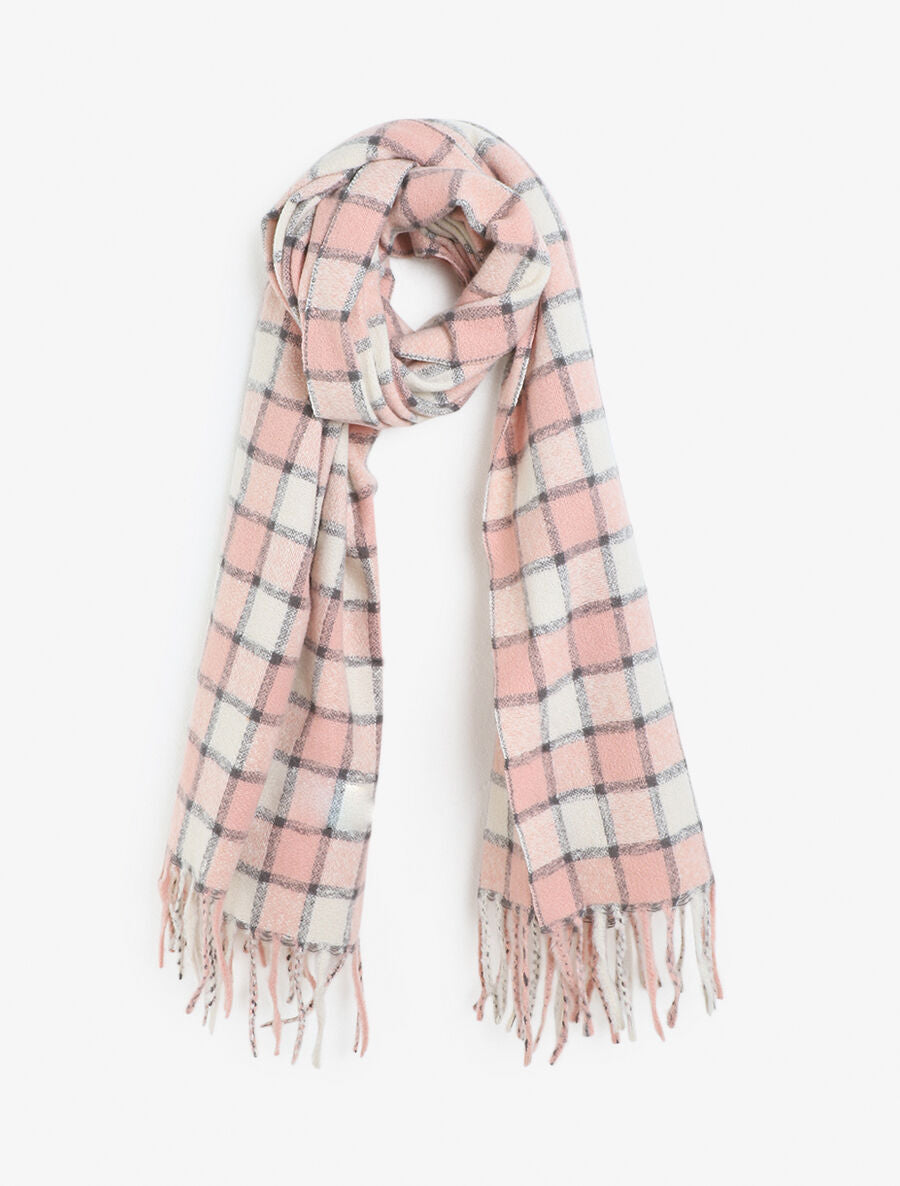 Echarpe à carreaux et franges - Rose - 1