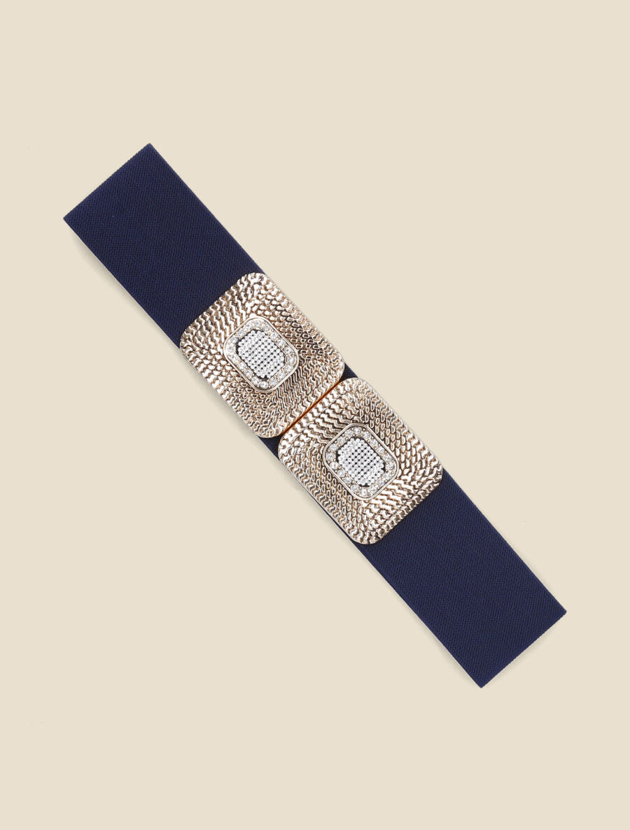 Ceinture élastiquée double boucles à strass - Marine - 2