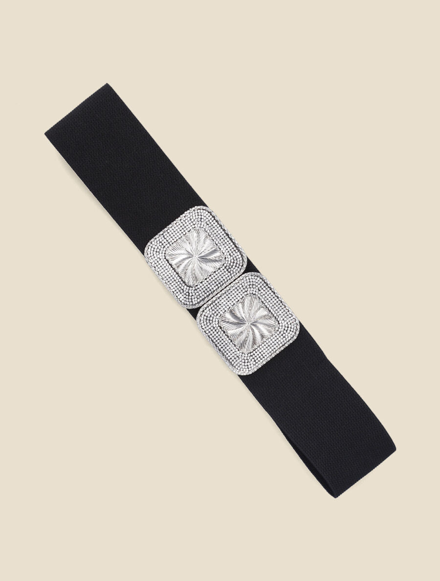 Ceinture double boucles carrées à strass - Noir/argent - 1