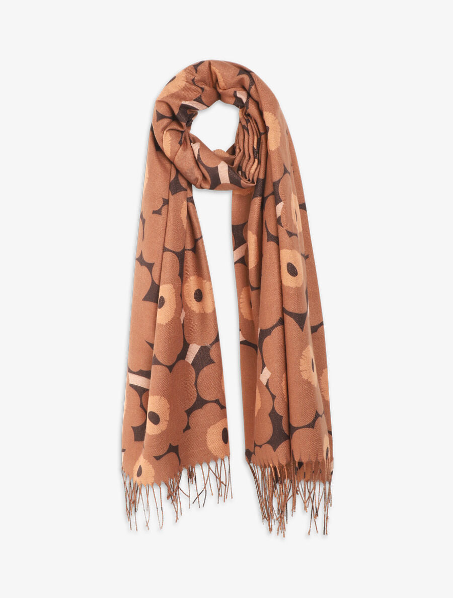 Echarpe fleurie à franges - Camel - 1