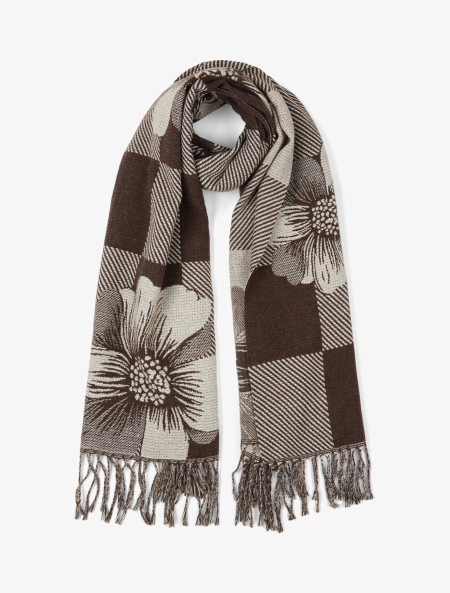 Echarpe à carreaux et fleurs - Marron - 1