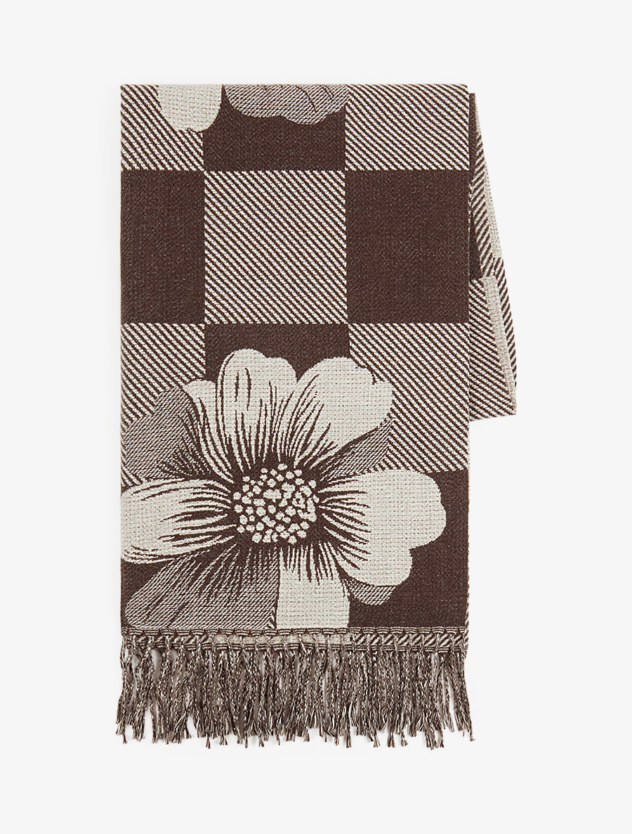 Echarpe à carreaux et fleurs - Marron - 2