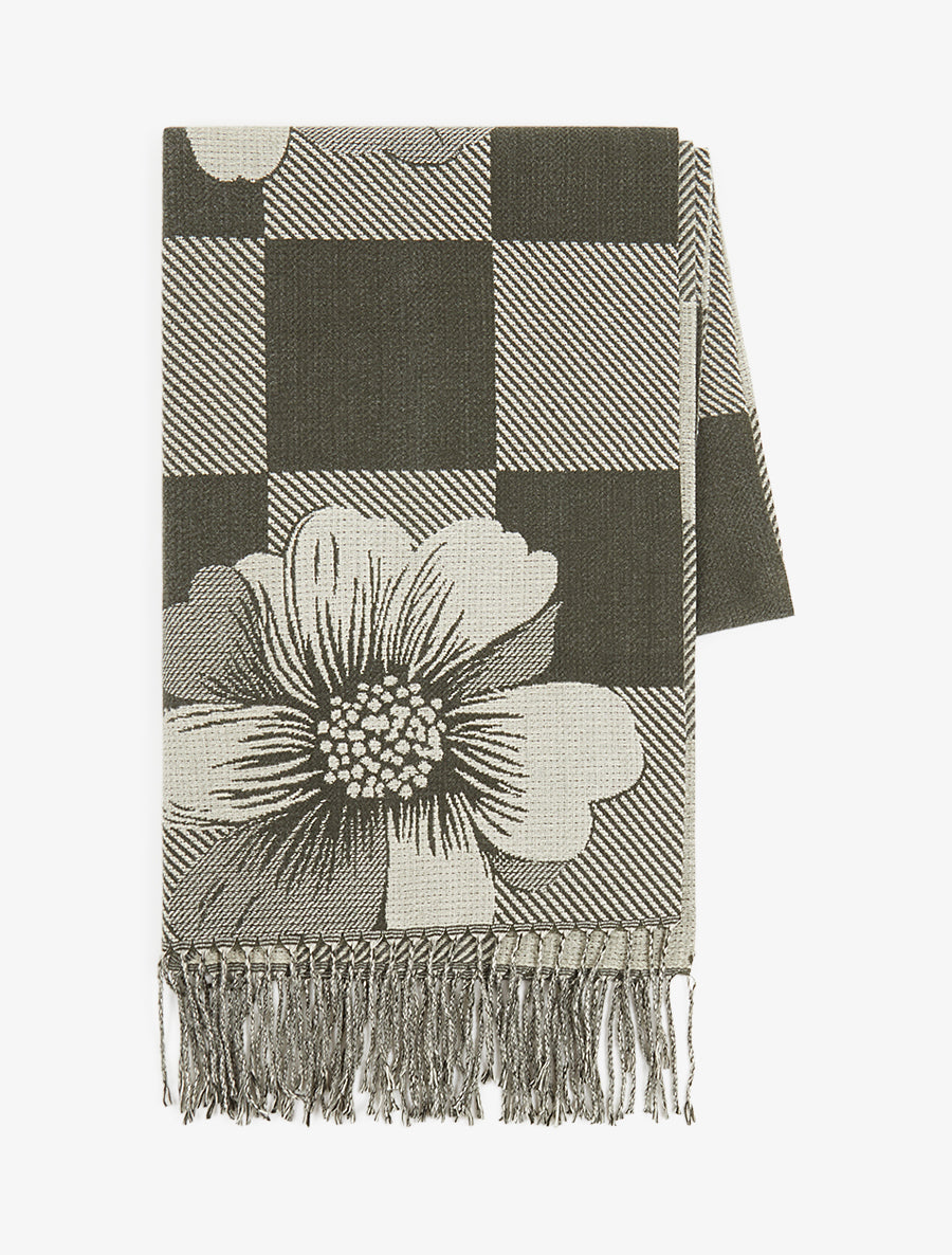 Echarpe à carreaux et fleurs - Kaki - 2