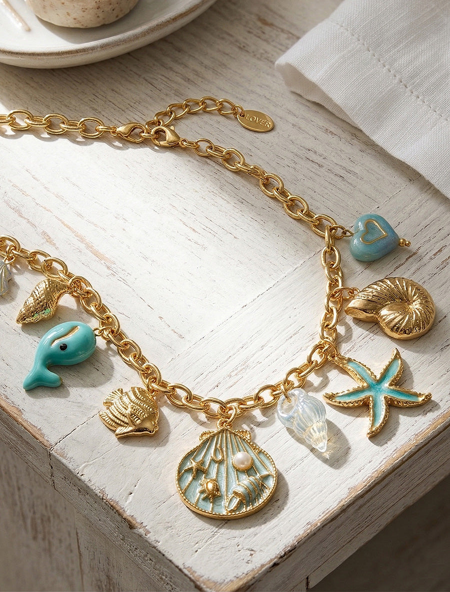 Collier fantaisie à motif marins et coeur - Turquoise - 1