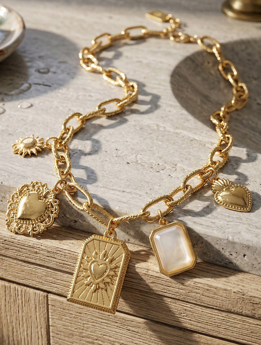 Collier fantaisie à motifs coeur et pierre colorés - Beige - 1