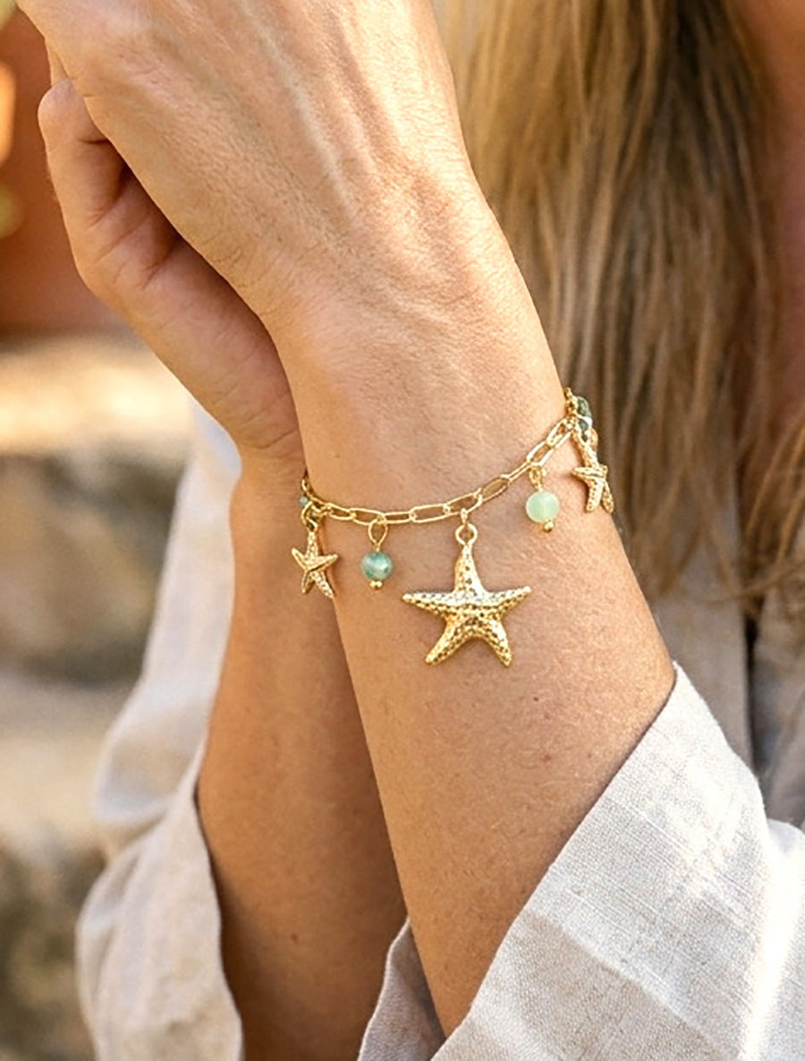 Bracelet à charms étoiles de mer et pierres colorées - Vert - 1