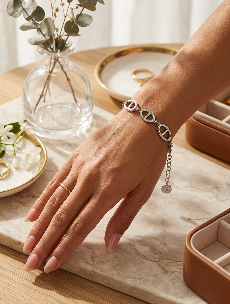 Bracelet maillons marins ornés de zircons blancs - Argent - 1