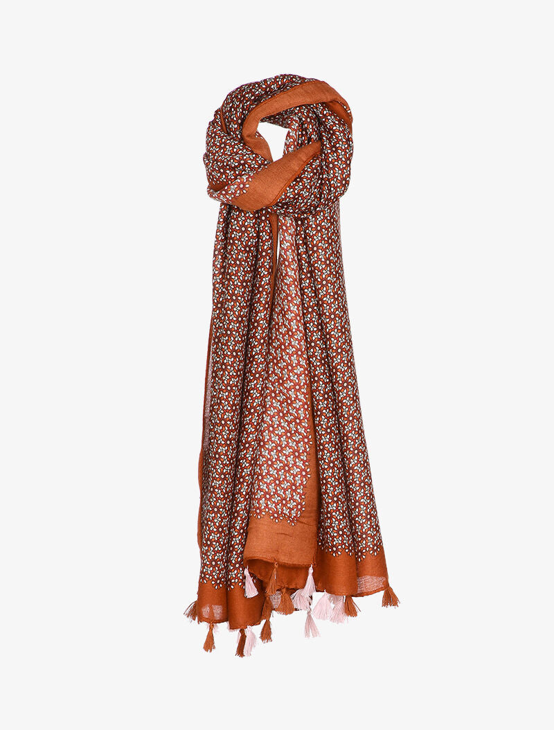 Foulard à imprimé mosaïque de fleurs et bords à pompons - Brique - 1