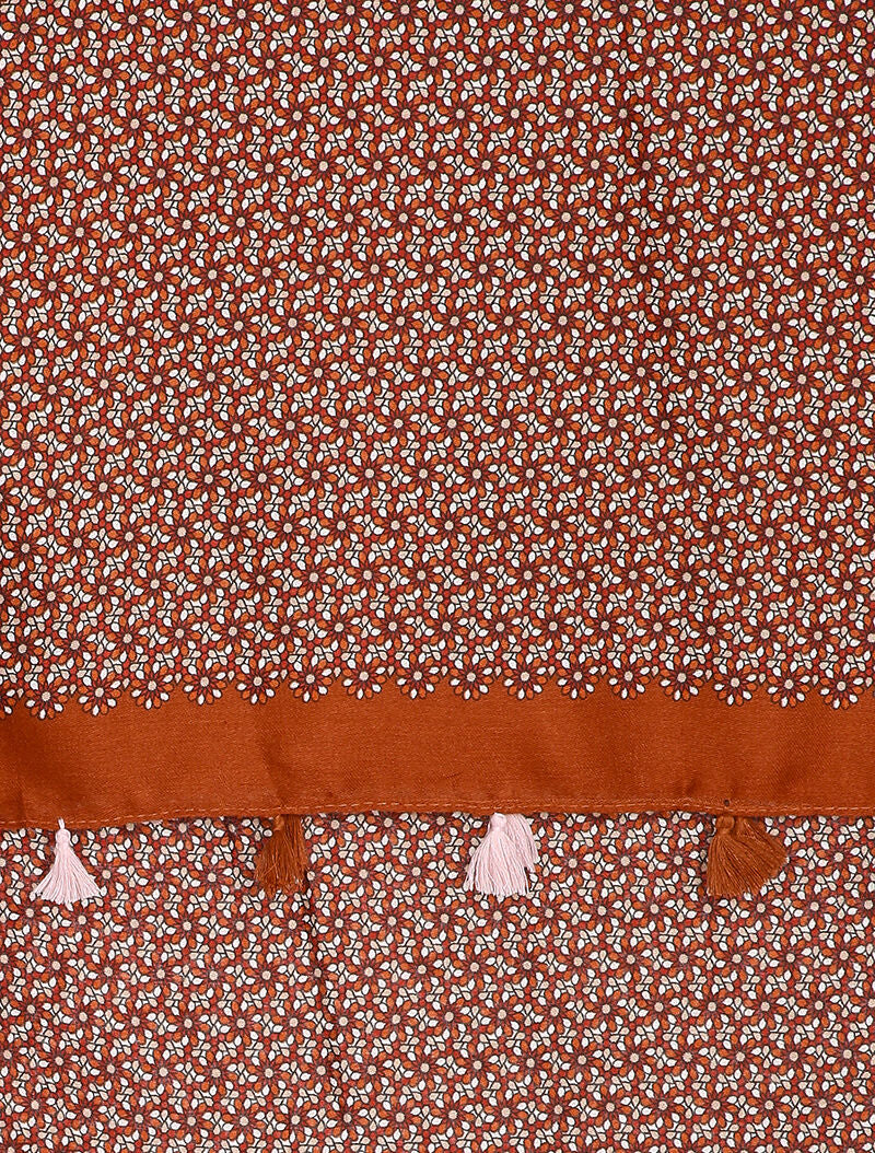 Foulard à imprimé mosaïque de fleurs et bords à pompons - Brique - 2