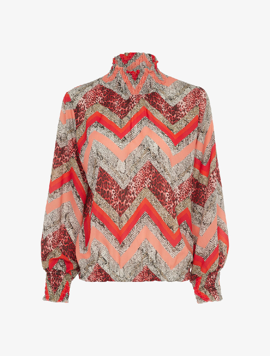 Blouse à col montant élastiqué imprimé animal - fushia - 1