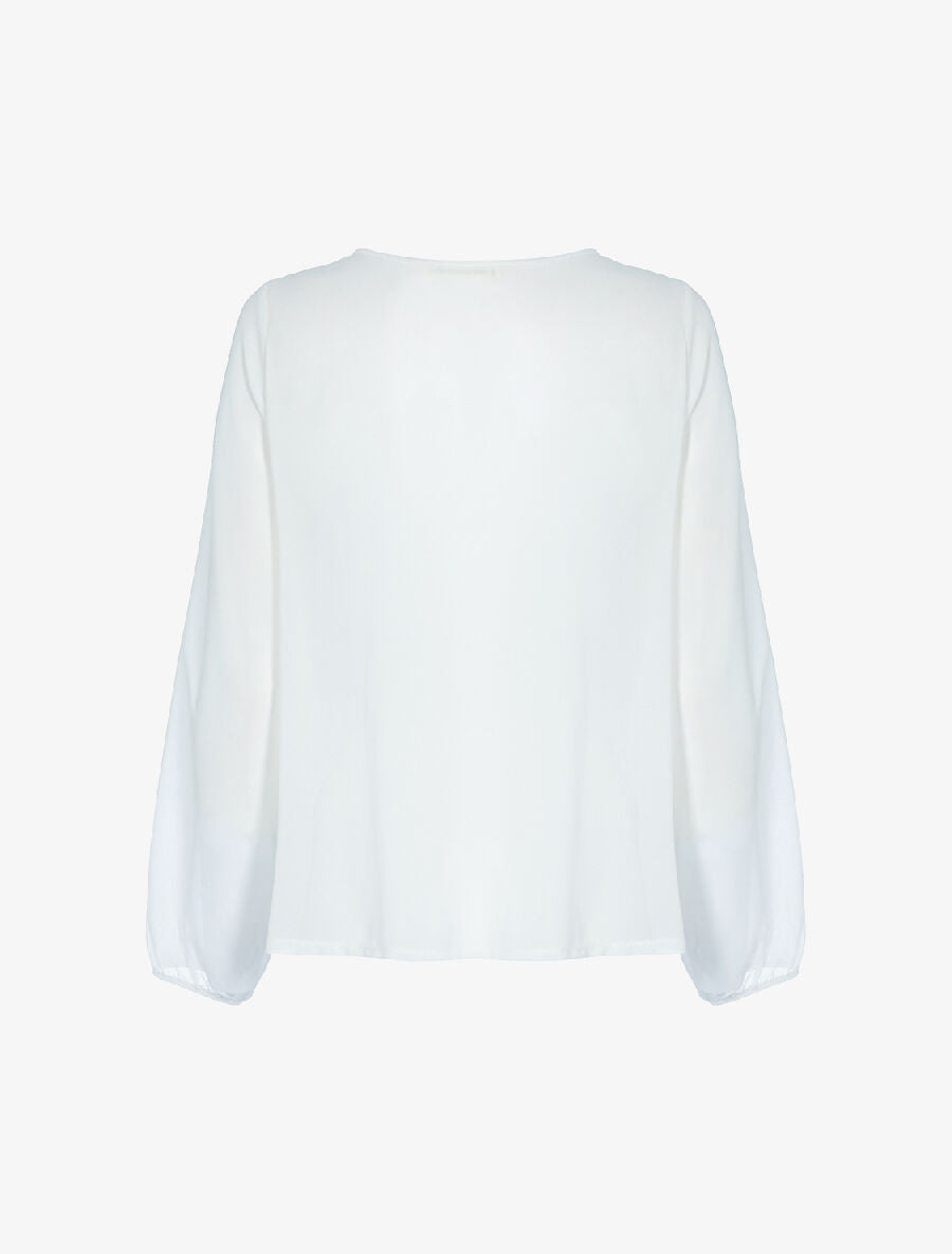 Blouse à décolleté dentelle et avant gaufré - blanc - 2