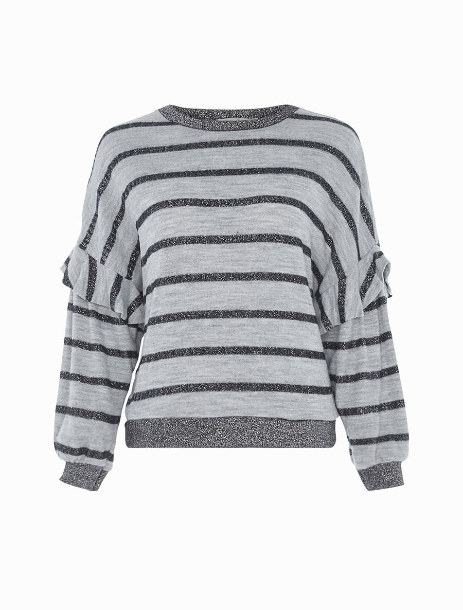 Pull effet sweat rayé à volants - Gris - 1