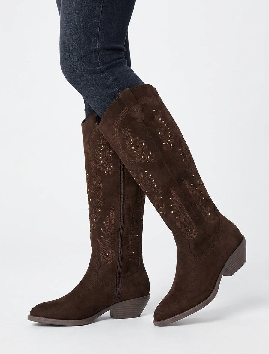 Stiefeletten im Wildleder-Look im Westernstil mit Nieten - Schokolade