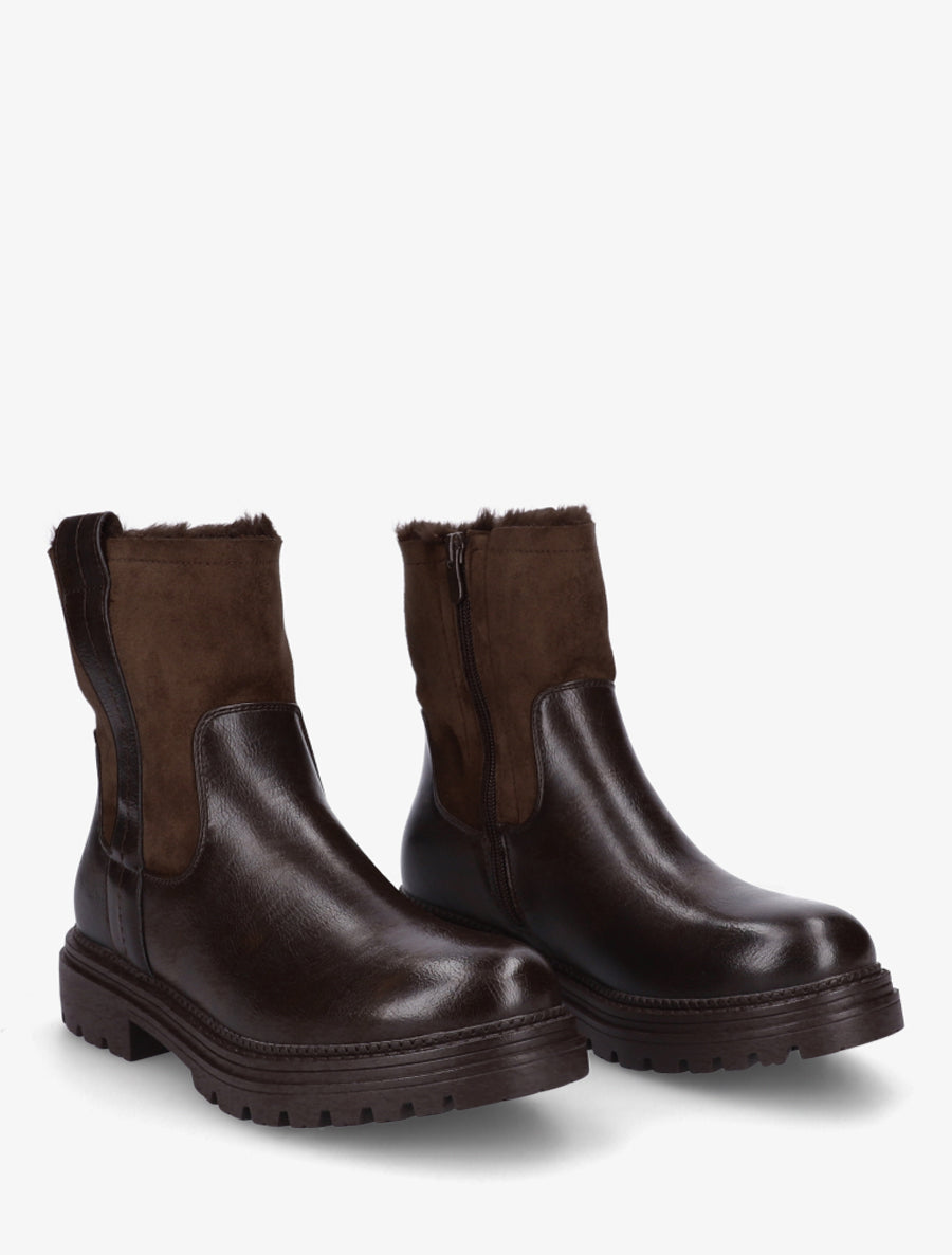 Bottines fourrées en simili et suédine - Marron - 4
