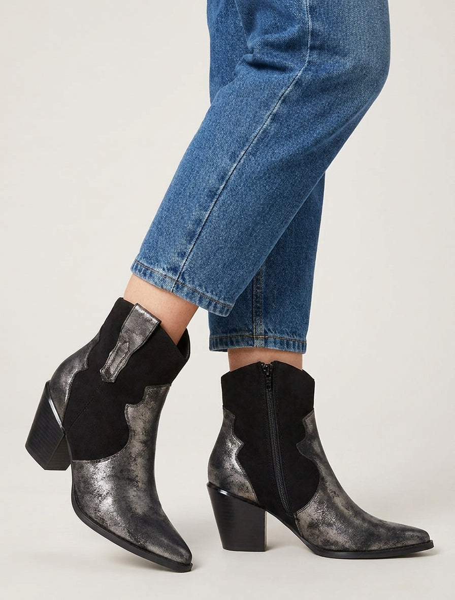 Perlmuttfarbene Stiefeletten im Santiag-Stil - Schwarz