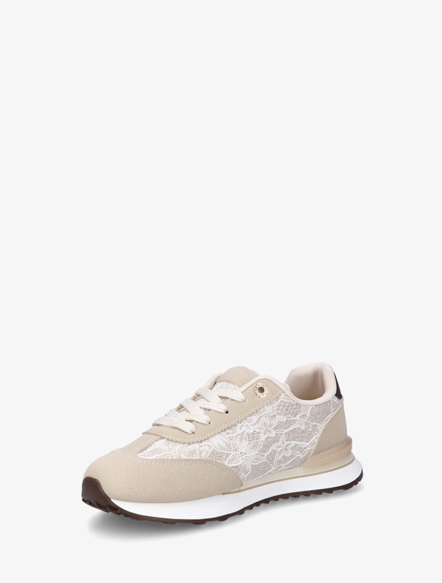 Baskets effet nubuck et dentelle pailletée - Beige - 3