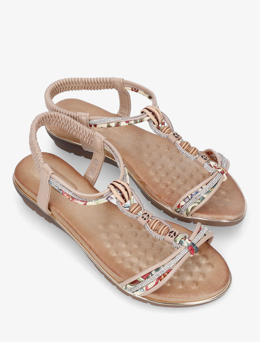 Nu-pieds à bride en T strass et perles - Beige - 4