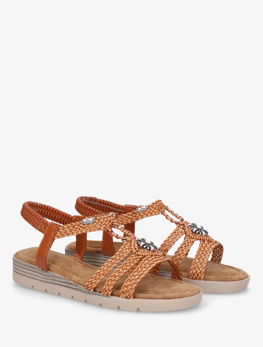 Nu-pieds tressés à bijou fleur - Camel - 4