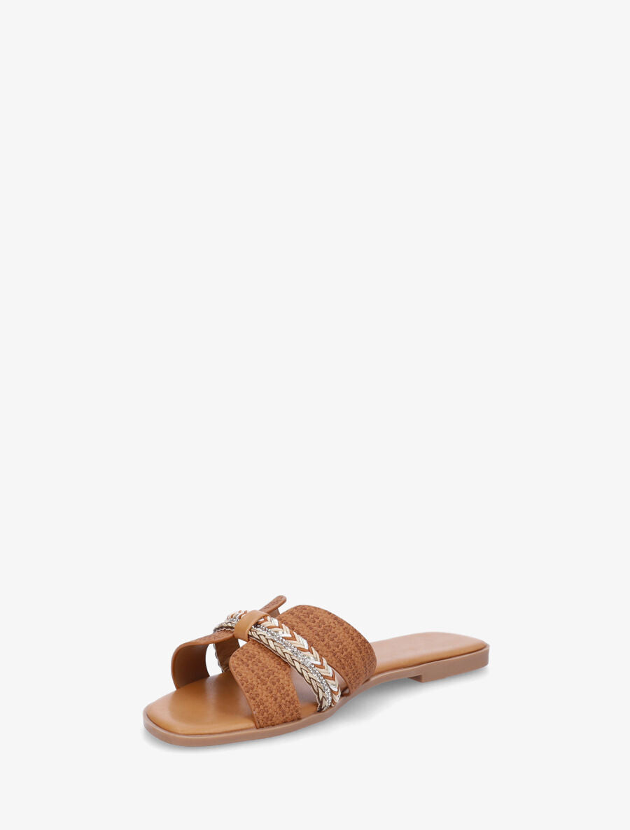 Mules plates à bride style noeud à strass - Camel - 3