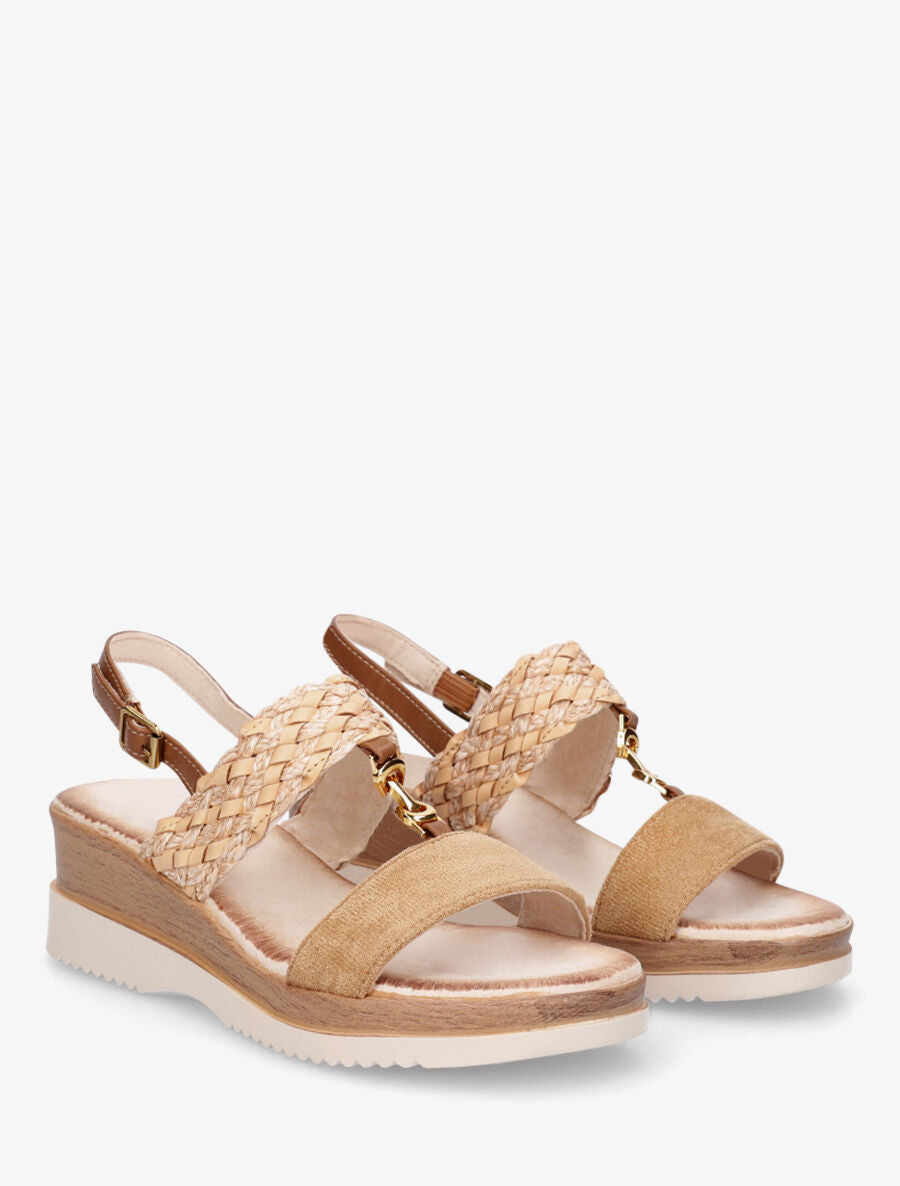 Sandales compensées à brides tissées et suédine - Camel - 4
