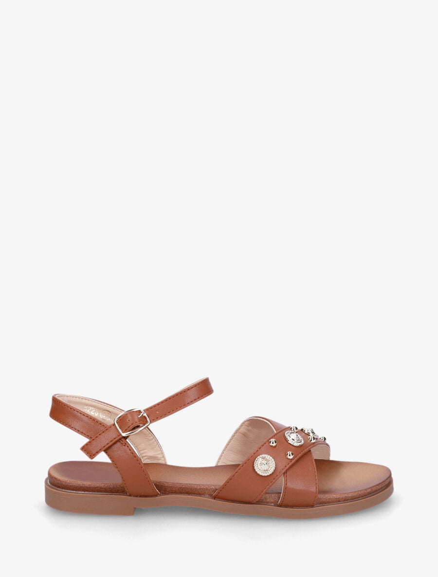 Nu-pieds à brides cloutées et bijoux - Camel - 1