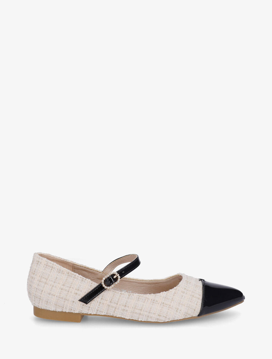 Ballerines en tissu à boucle strassée - Crème - 1