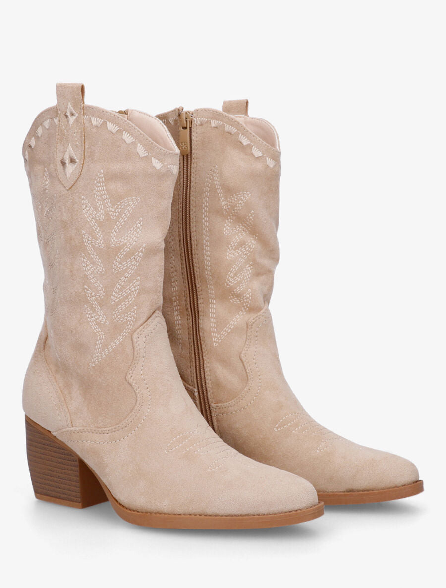 Bottines santiags en suédine à talon - Beige - 4
