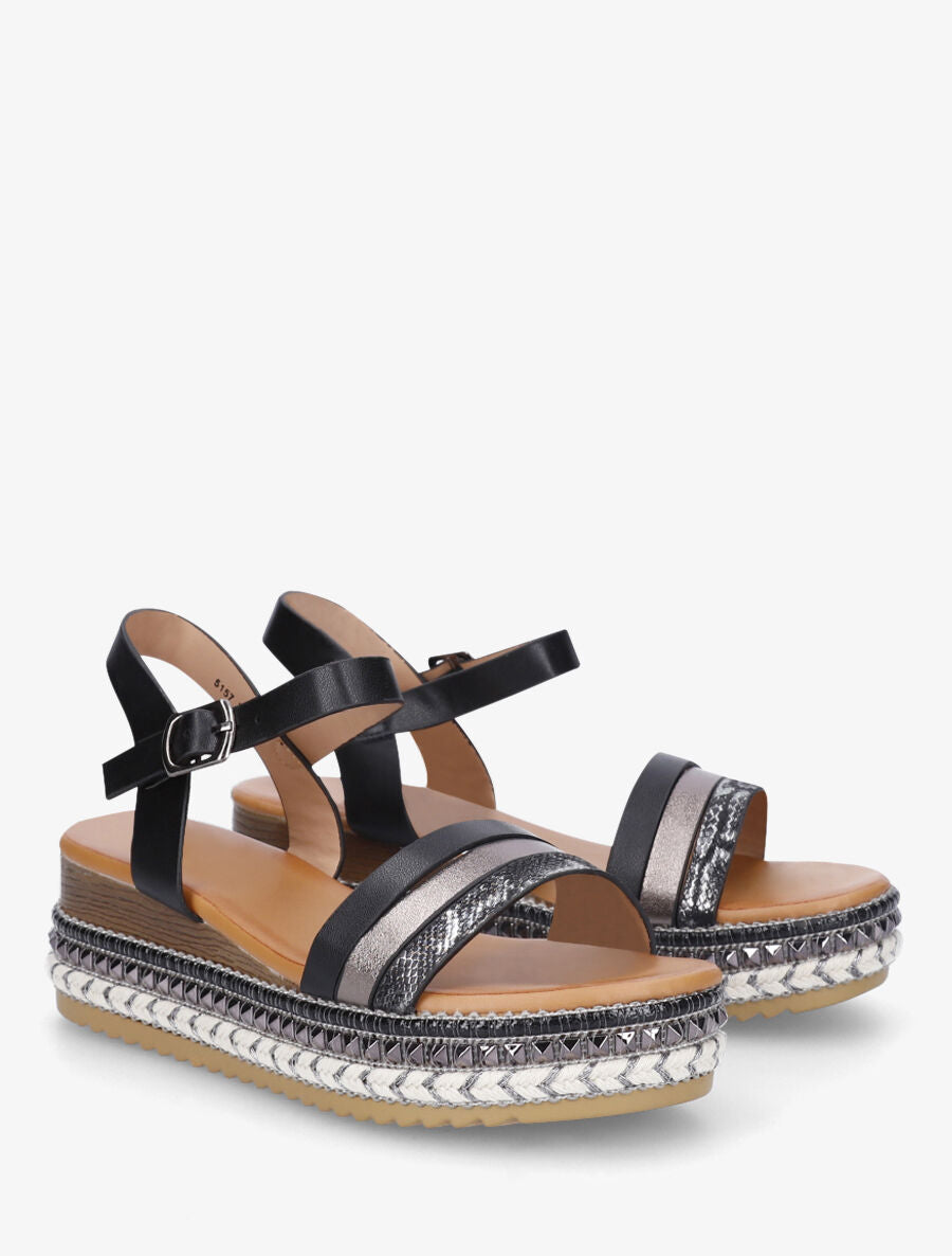 Sandales compensées à semelle effet bois et métal - Noir - 4