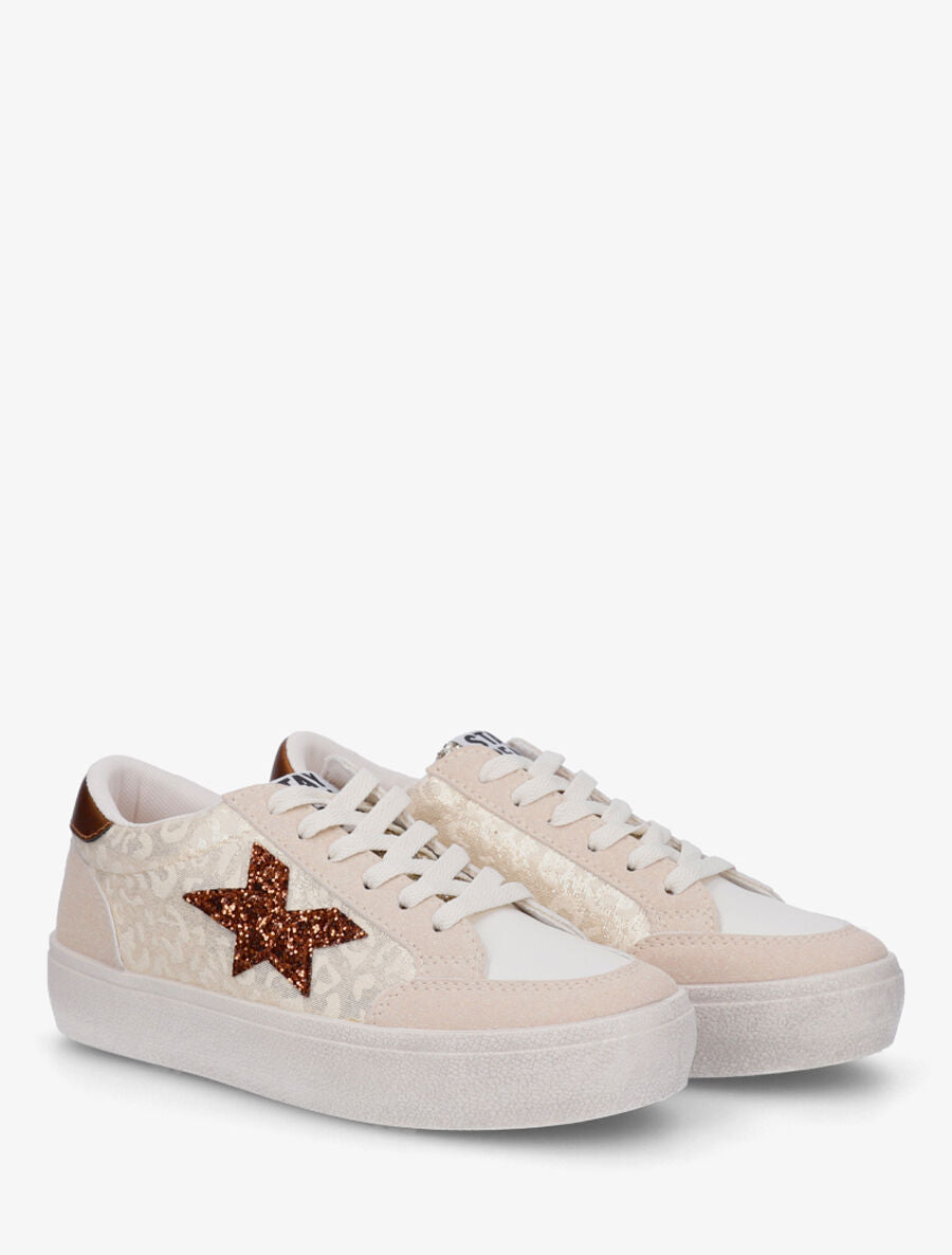 Sneakers bimatière et étoile incrustée - Beige - 4