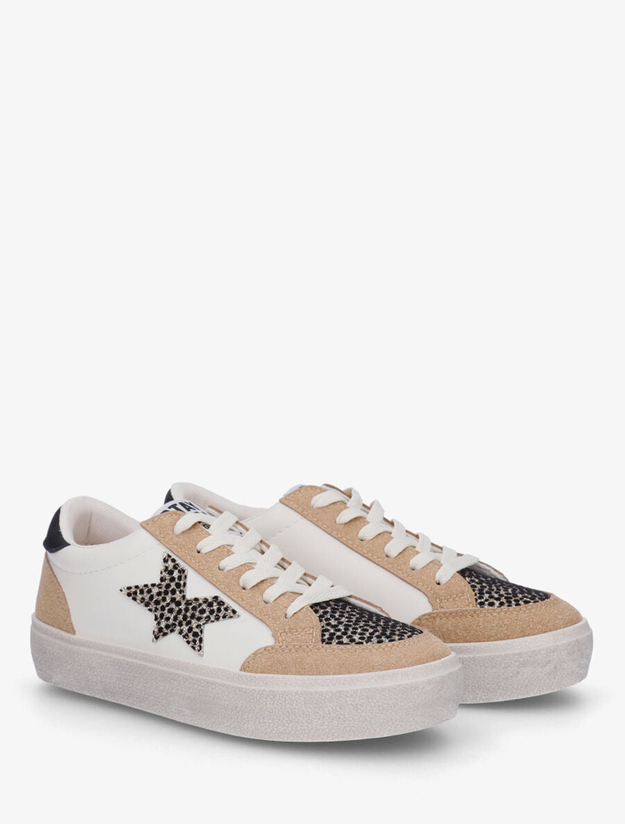 Sneakers bimatière et étoile incrustée - Camel - 4
