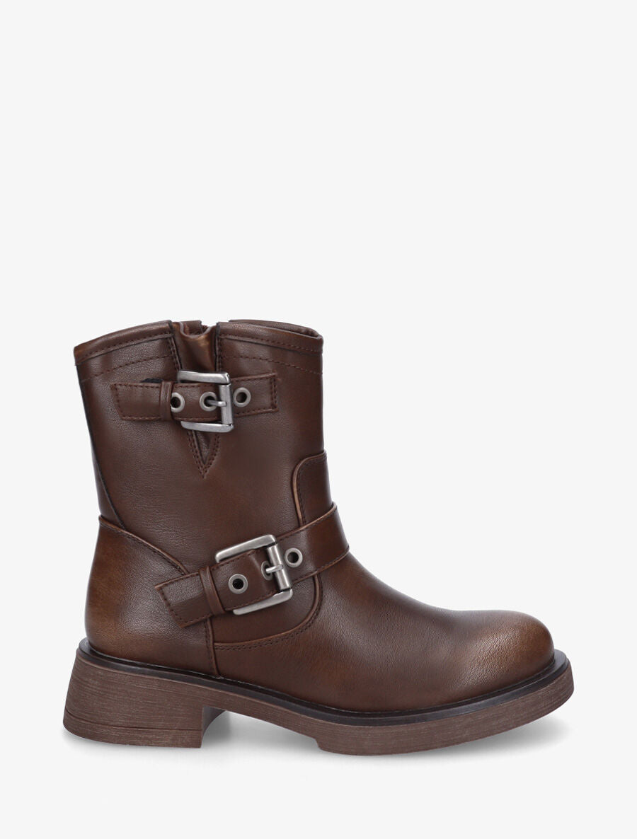 Bottines en simili à double sangles - Marron - 1