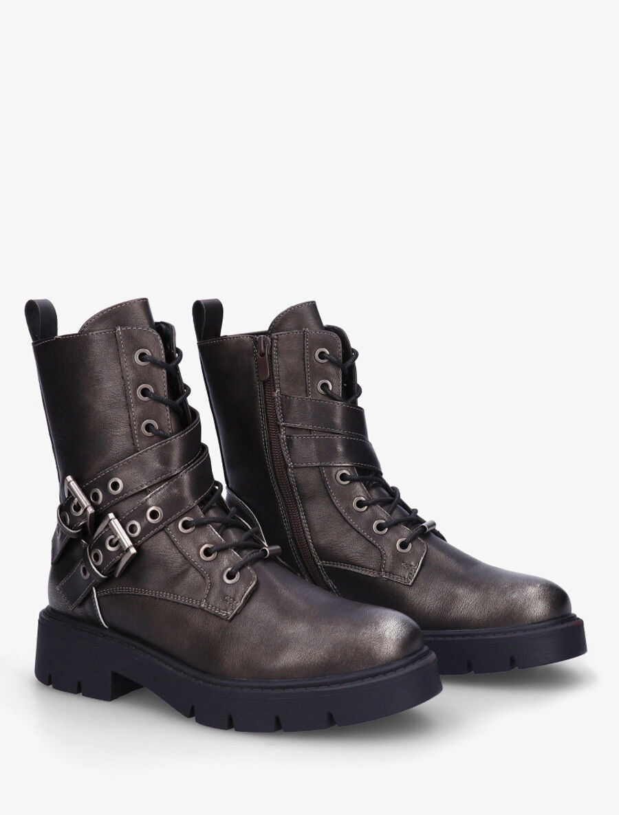 Bottines montantes en simili à double sangles - Anthracite - 4