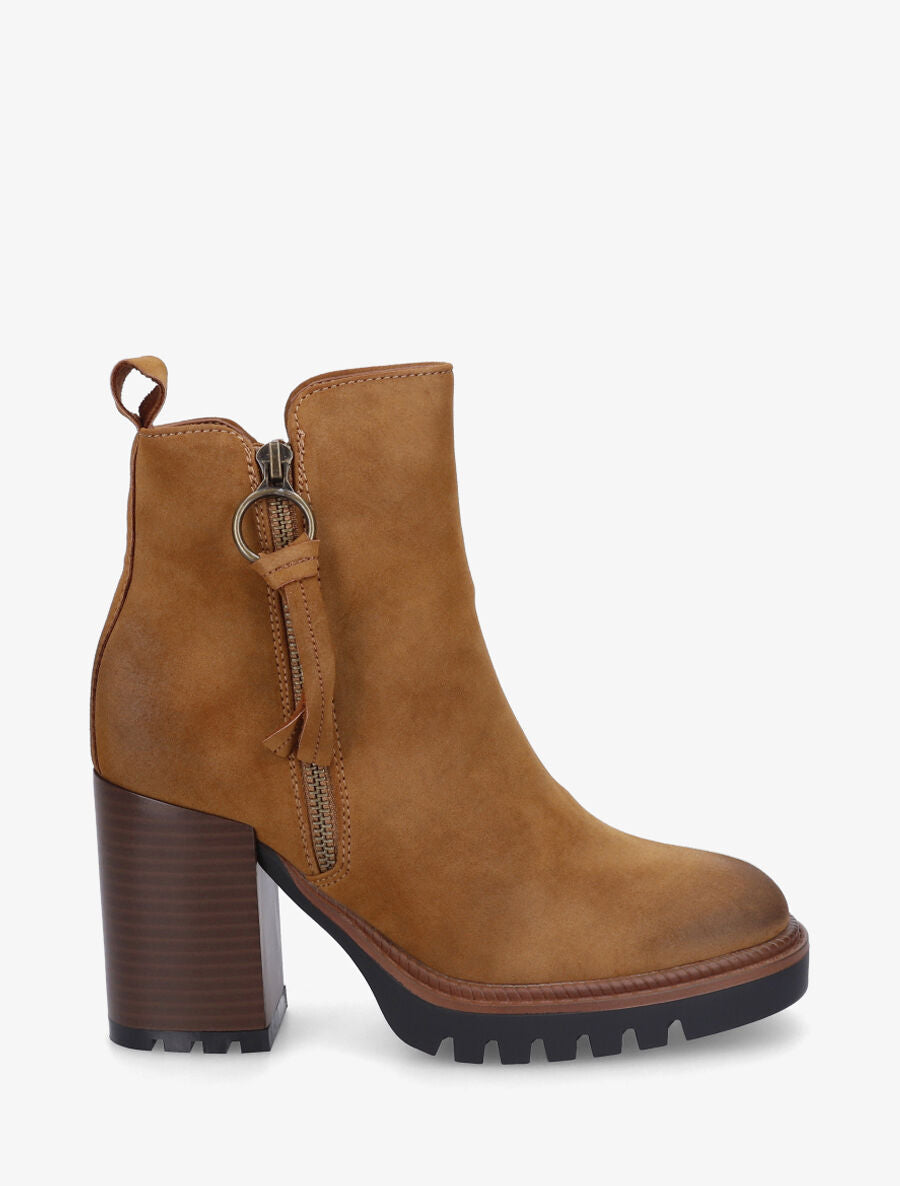 Bottines en suédine à zip décoratif - Camel - 5