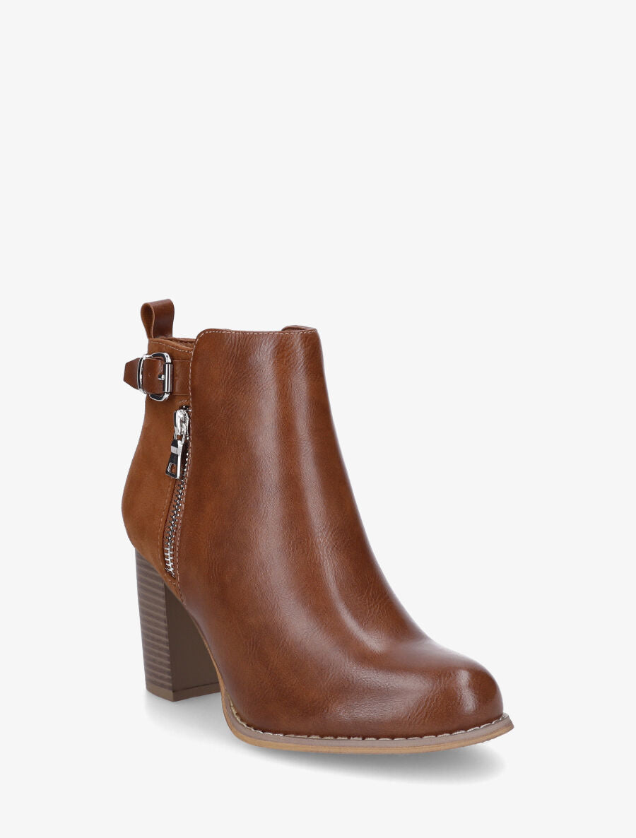 Bottines en simili et suédine à zip décoratif - Camel - 2