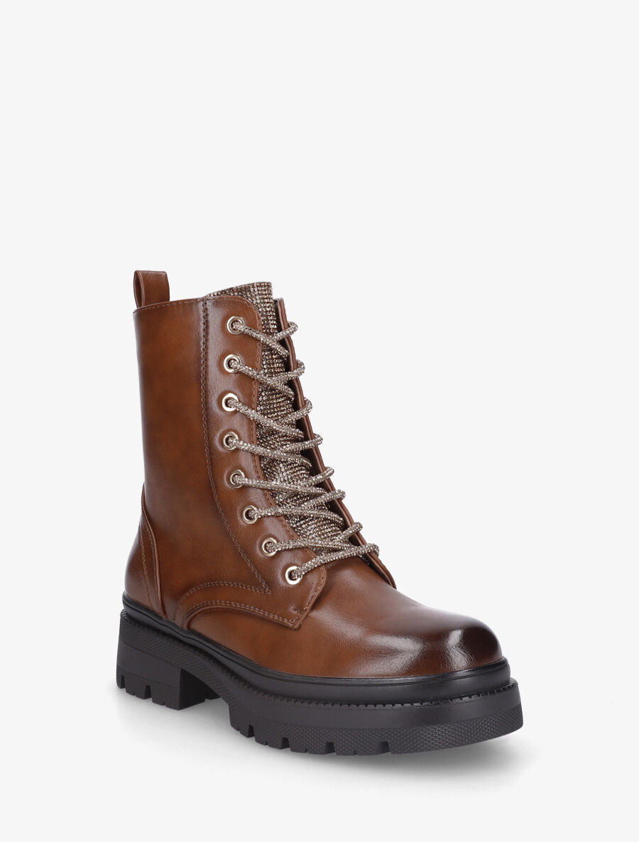 Bottines à languette et lacets strassés - Camel - 2