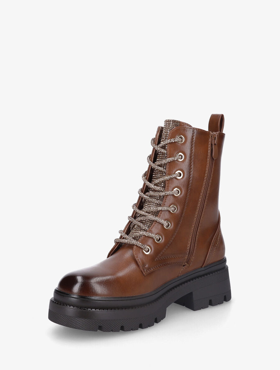 Bottines à languette et lacets strassés - Camel - 3