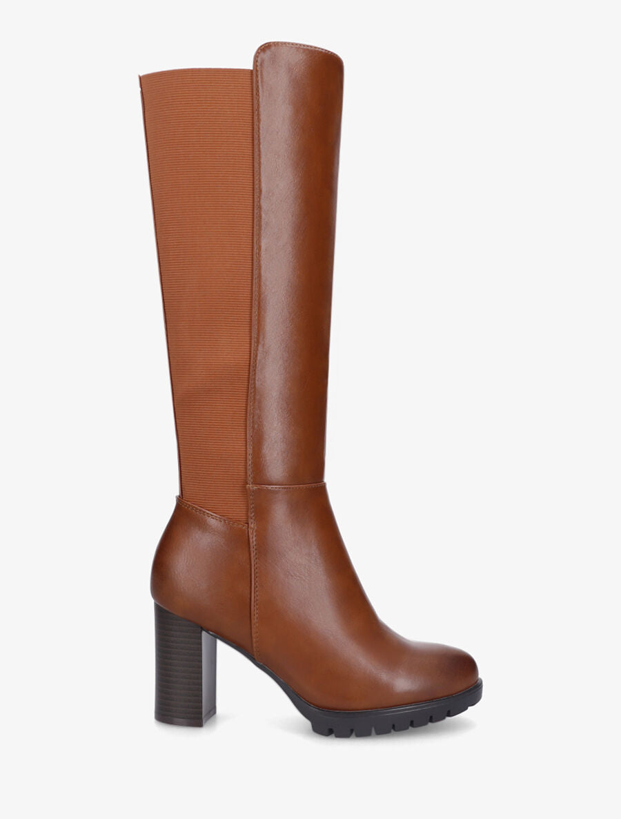 Bottes élastiquées unies à talon haut - Camel - 1