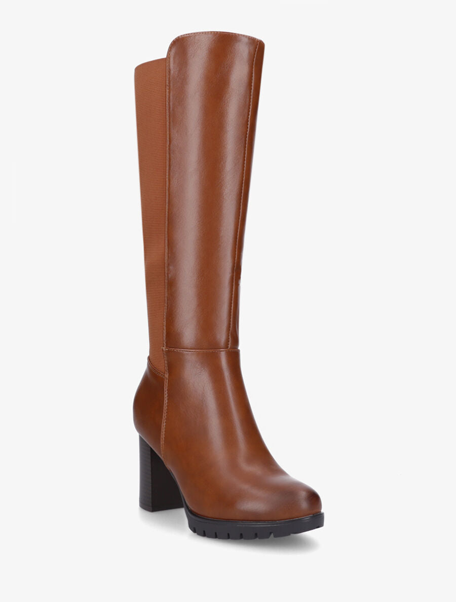 Bottes élastiquées unies à talon haut - Camel - 2
