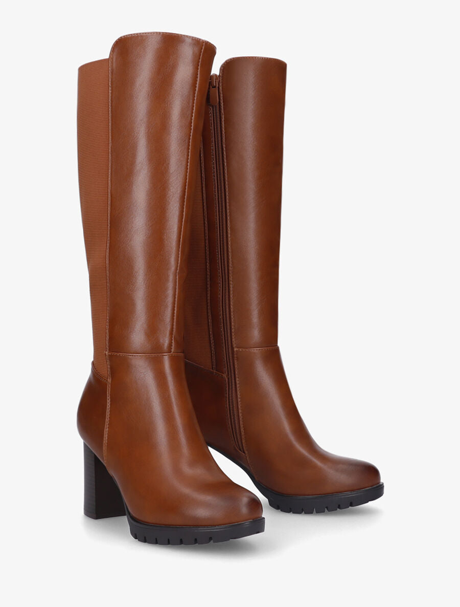 Bottes élastiquées unies à talon haut - Camel - 4