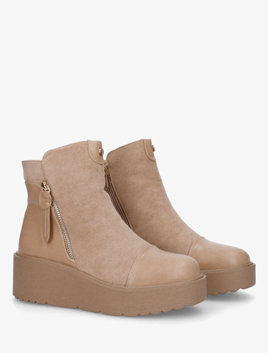 Bottines compensées en suédine et simili - Beige - 4