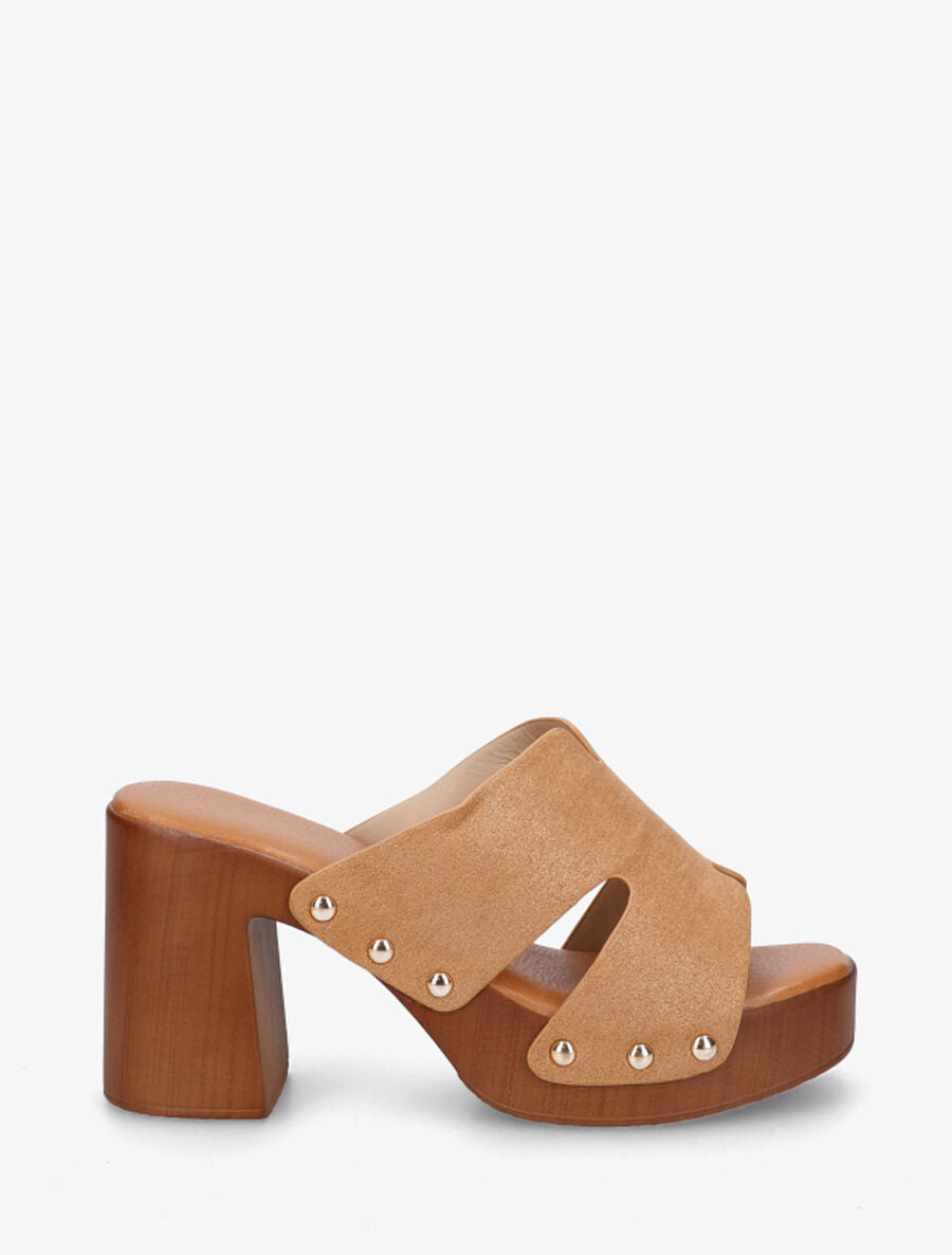 Mules à talon effet bois et ganse en suédine - Camel - 1