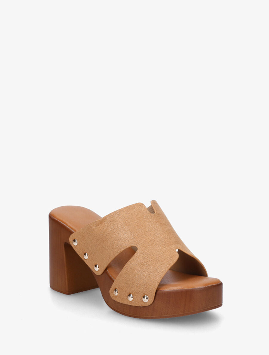 Mules à talon effet bois et ganse en suédine - Camel - 2