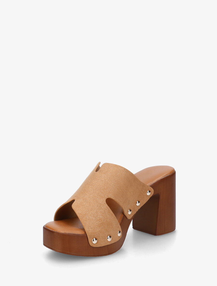 Mules à talon effet bois et ganse en suédine - Camel - 3