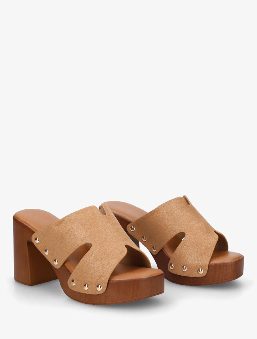 Mules à talon effet bois et ganse en suédine - Camel - 4