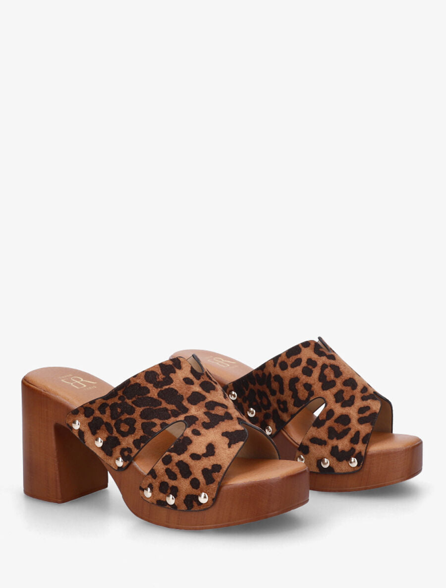 Mules à talon effet bois et ganse imprimé léopard - Camel - 4