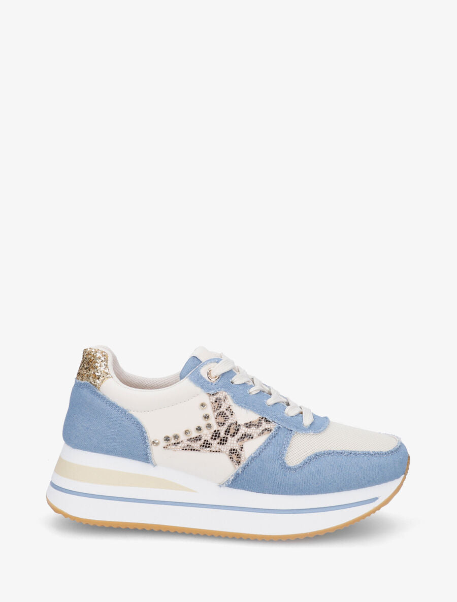 Baskets à strass et empiècement léopard - Bleu denim - 1