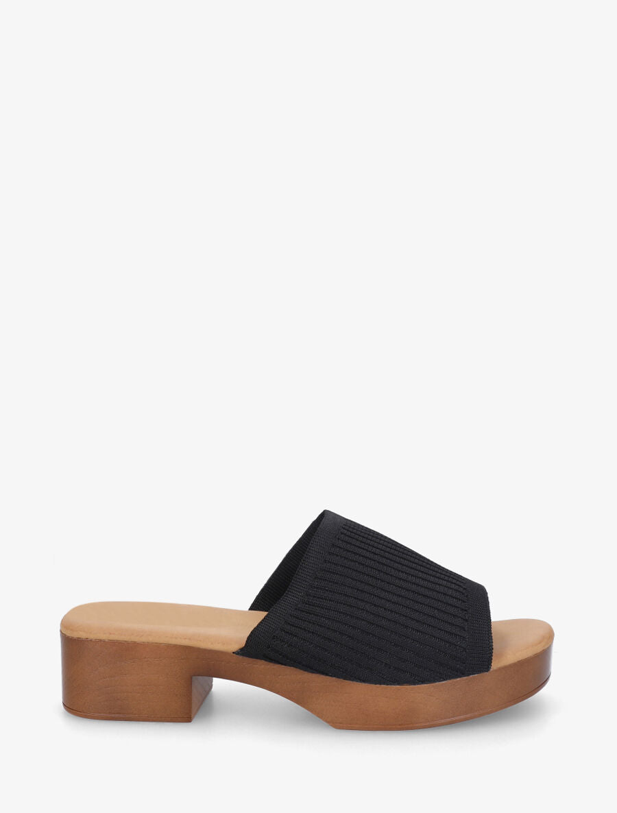 Mules à ganse en maille et talon effet bois - Noir - 5